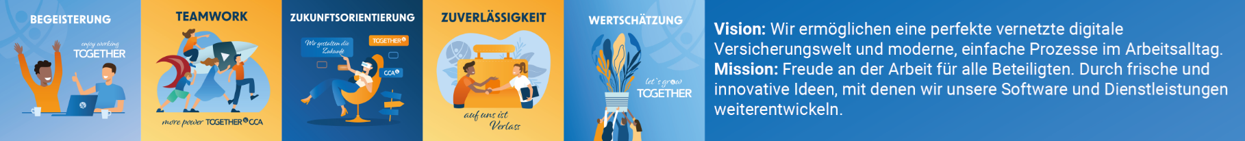 Begeisterung, Teamwork, Zukunftsorientierung, Zuverlässigkeit, Wertschätzung Vision, Mission, Werte
